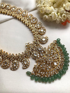 Kundan jadau paisley necklace with green drops-Silver Neckpiece-PL-House of Taamara