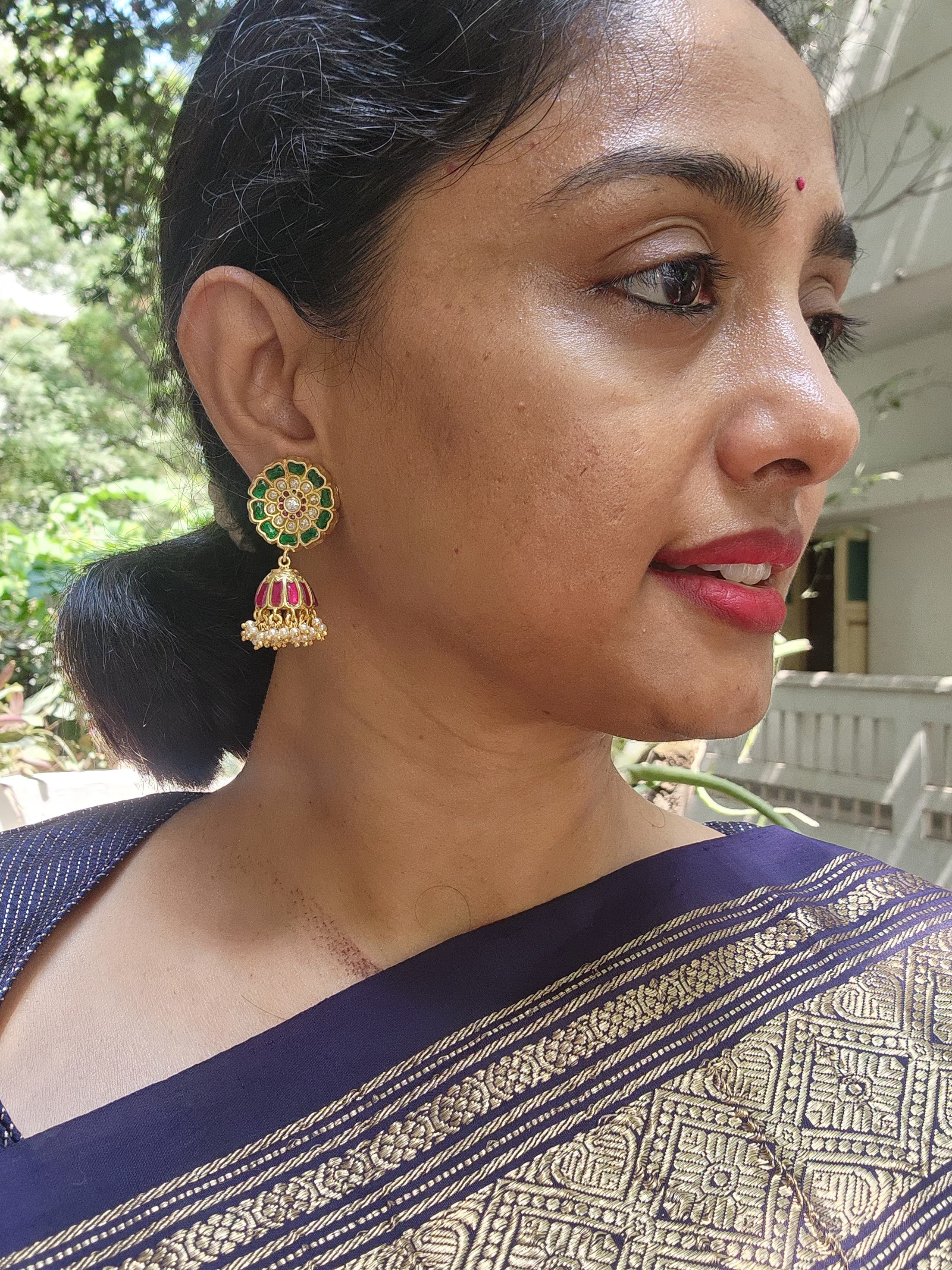 Kundan jhumkas green and red-Earrings-PL-House of Taamara