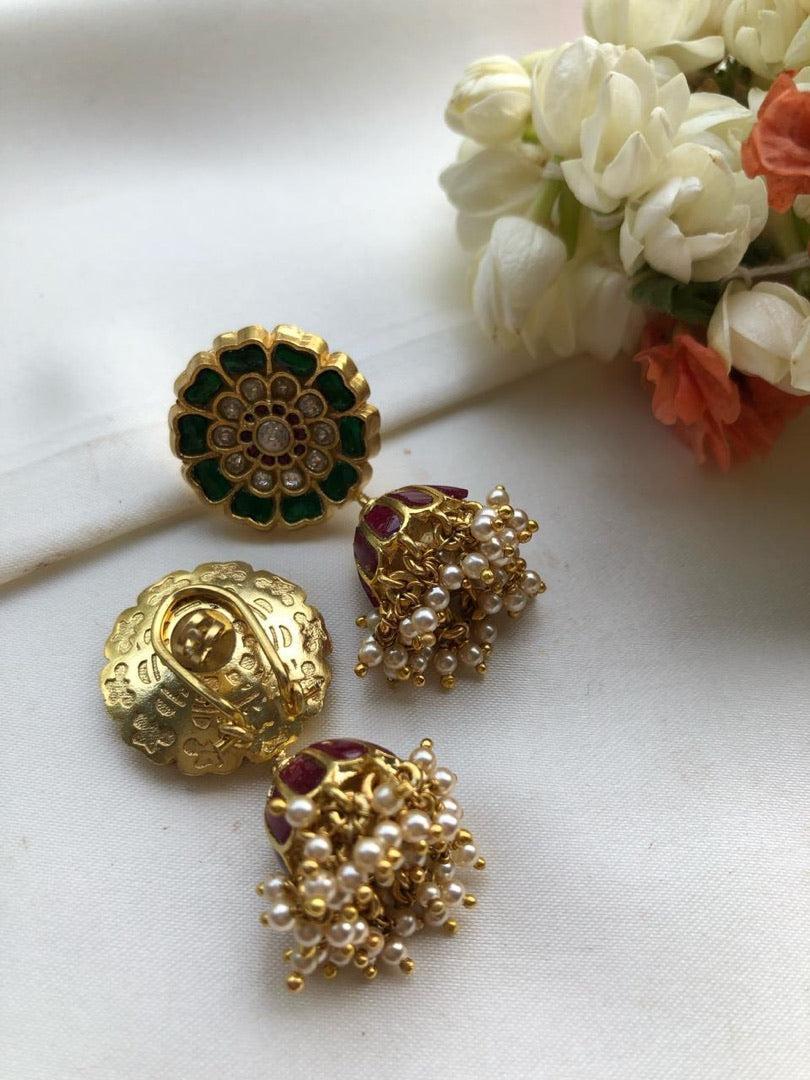Kundan jhumkas green and red-Earrings-PL-House of Taamara