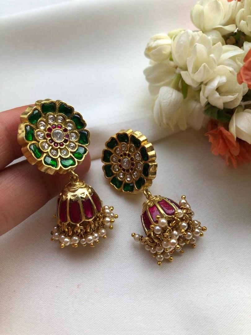 Kundan jhumkas green and red-Earrings-PL-House of Taamara