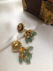 Kundan jhumkas with green chaand & green beads-Earrings-PL-House of Taamara