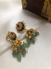 Kundan jhumkas with green chaand & green beads-Earrings-PL-House of Taamara