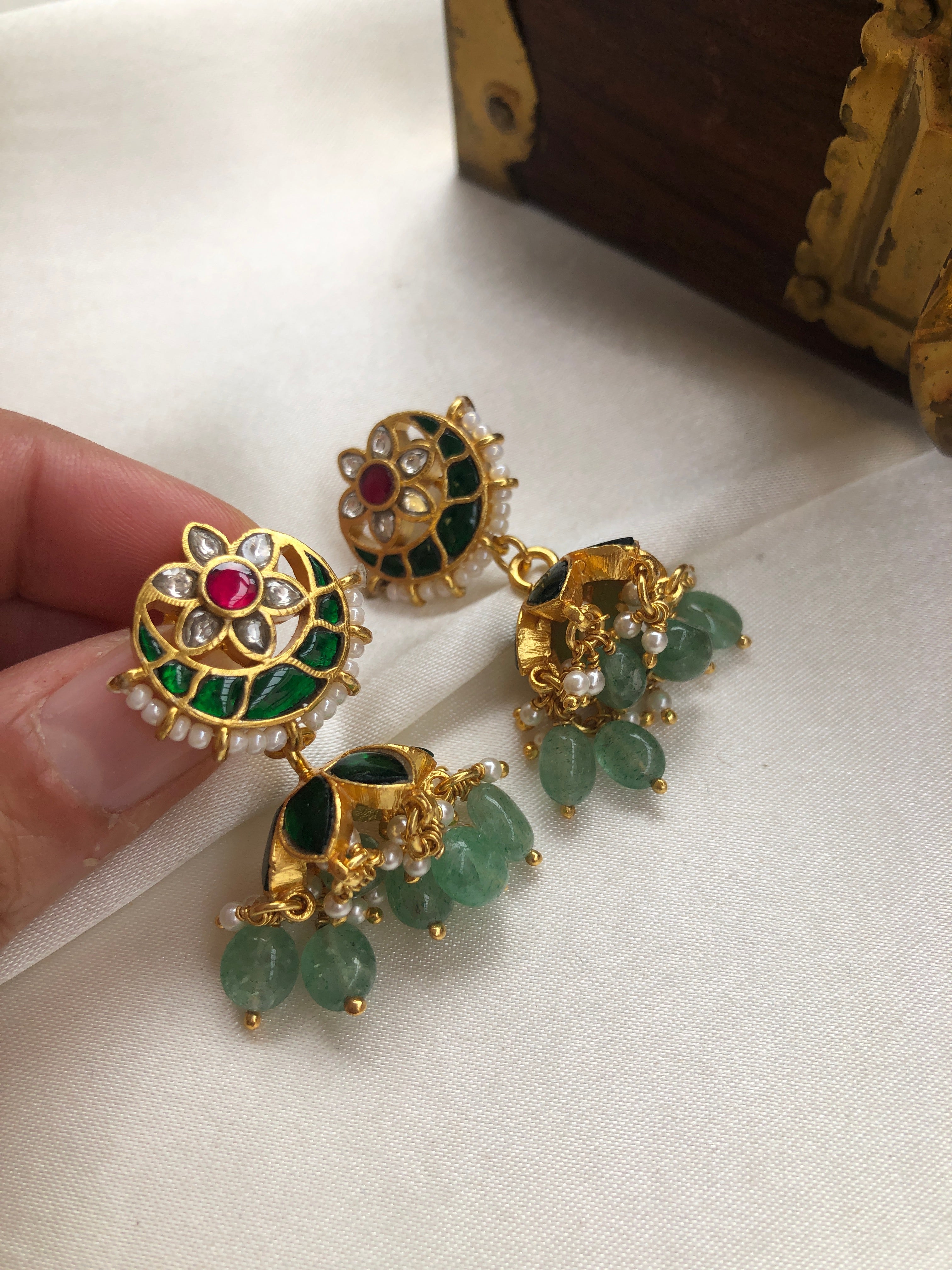 Kundan jhumkas with green chaand & green beads-Earrings-PL-House of Taamara