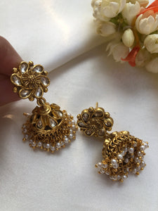 Kundan jhumkas with pearls bunch-Earrings-PL-House of Taamara
