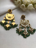 Kundan long earrings with green beads-Earrings-PL-House of Taamara