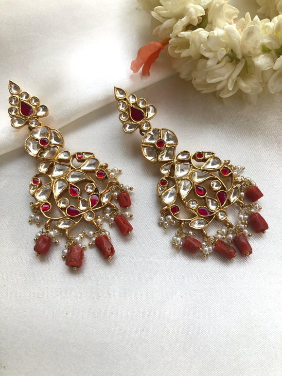 Kundan long earrings with pearls & coral drops-Earrings-PL-House of Taamara