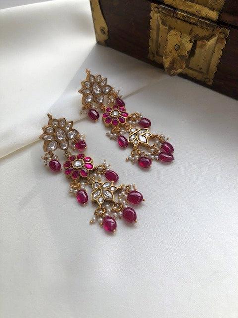 Kundan long earrings with ruby beads-Earrings-PL-House of Taamara