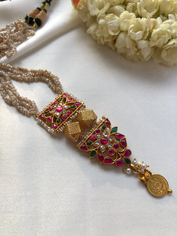 Kundan long pendant with ashtapatti beads and kasu drop-Silver Neckpiece-PL-House of Taamara