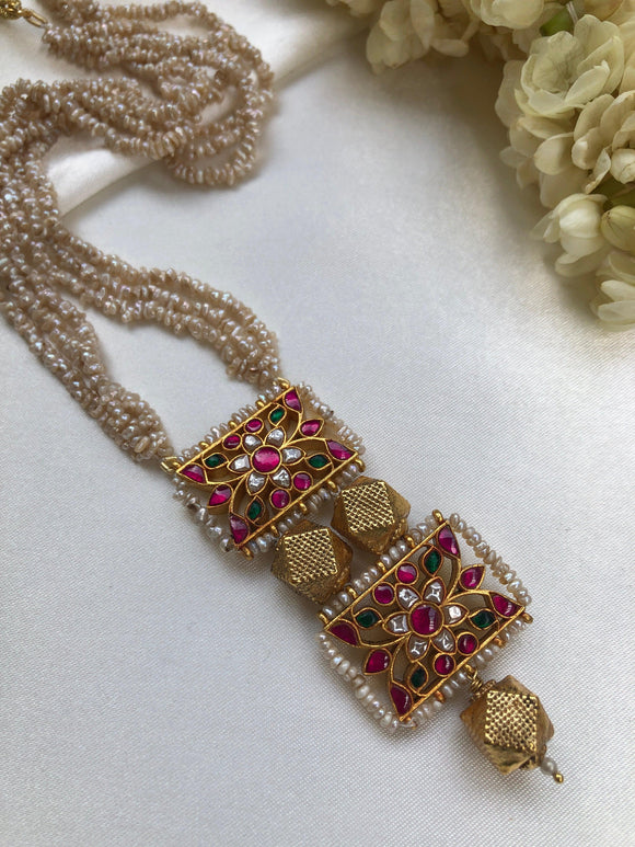 Kundan long pendant with ashtaptti beads and antique style pearls-Silver Neckpiece-PL-House of Taamara