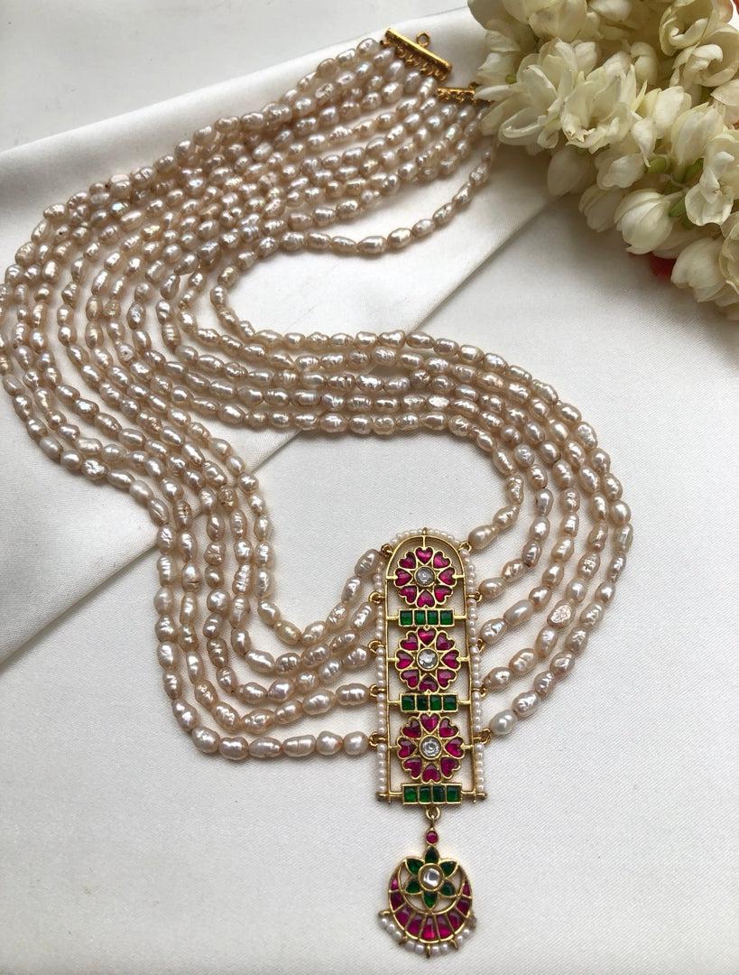 Kundan long pendant with rice pearls 5 line mala (Made To Order)-Silver Neckpiece-PL-House of Taamara