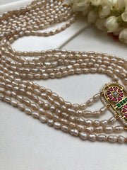 Kundan long pendant with rice pearls 5 line mala (Made To Order)-Silver Neckpiece-PL-House of Taamara