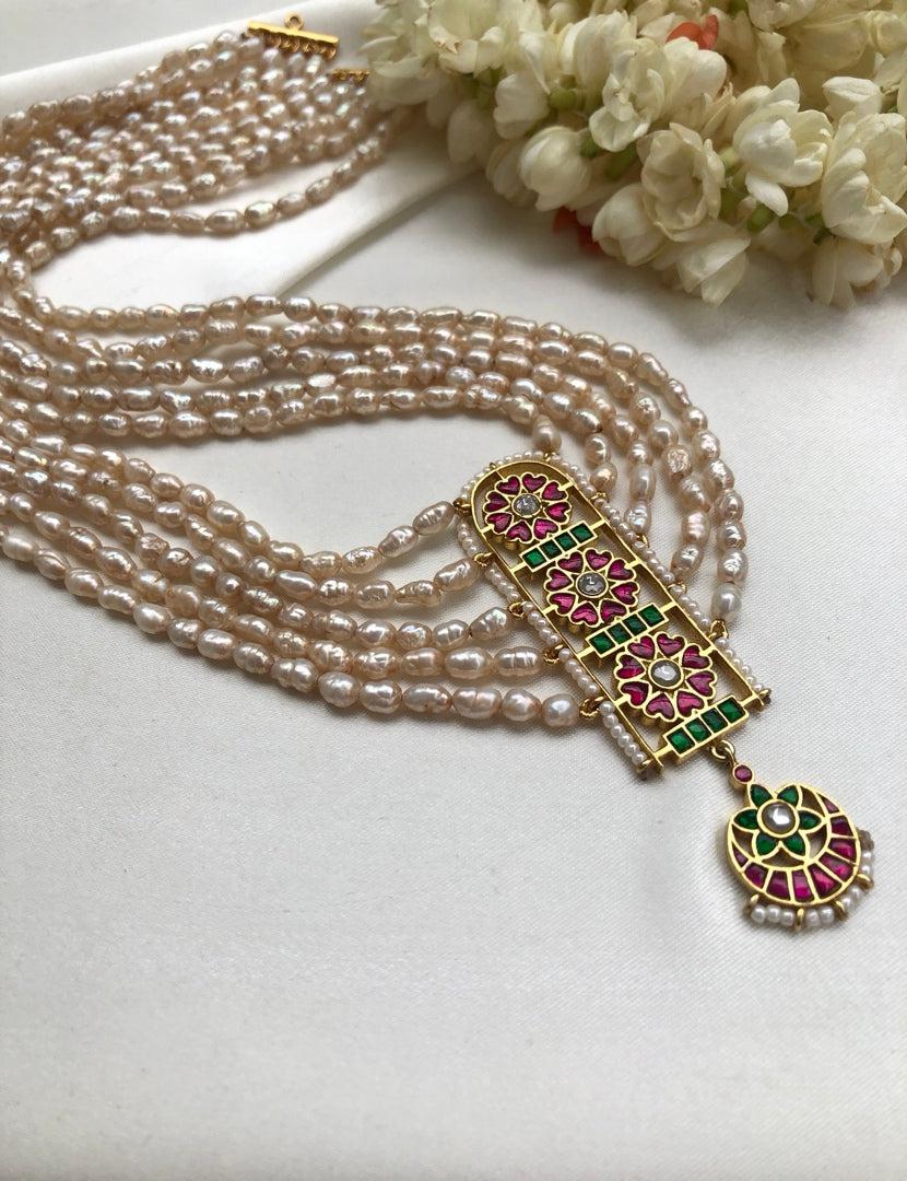 Kundan long pendant with rice pearls 5 line mala (Made To Order)-Silver Neckpiece-PL-House of Taamara