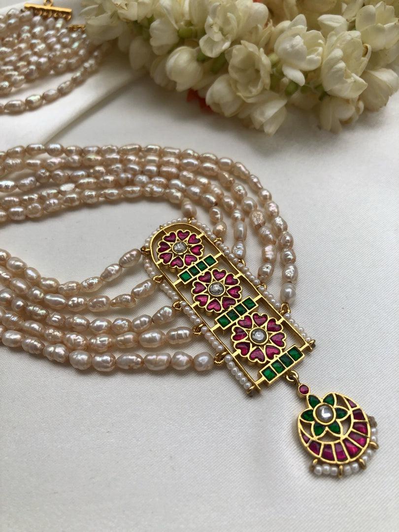 Kundan long pendant with rice pearls 5 line mala (Made To Order)-Silver Neckpiece-PL-House of Taamara