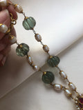 Kundan long pendant with rice pearls & green fluoride pumpkin beads-Silver Neckpiece-PL-House of Taamara