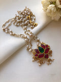 Kundan lotus with rice pearls 2 line necklace (MADE TO ORDER)-Silver Neckpiece-PL-House of Taamara