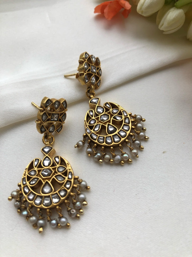 Kundan maatapatti earrings with pearls bunch-Earrings-PL-House of Taamara