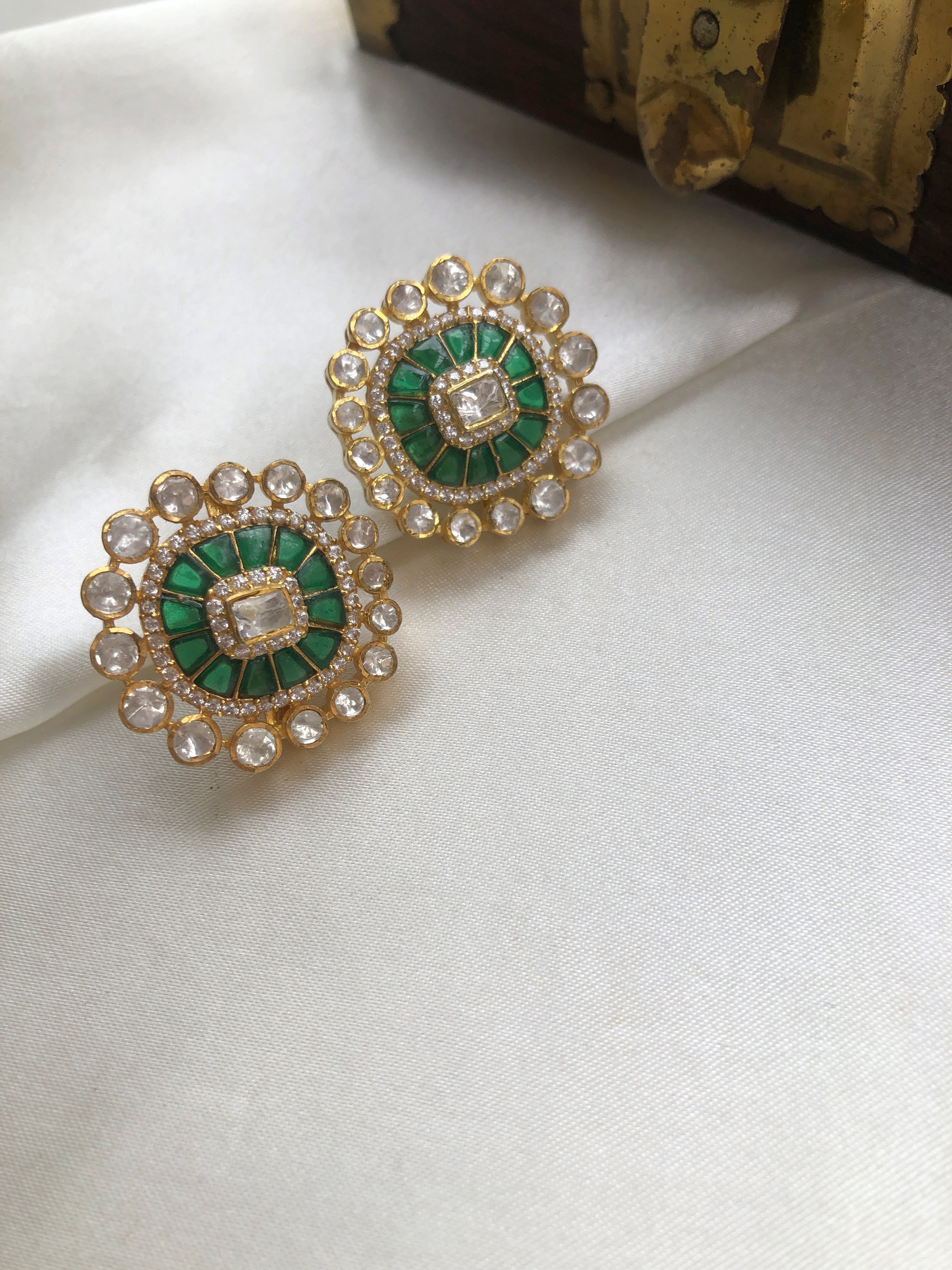 Kundan moissanite earrings with emerald-Earrings-PL-House of Taamara