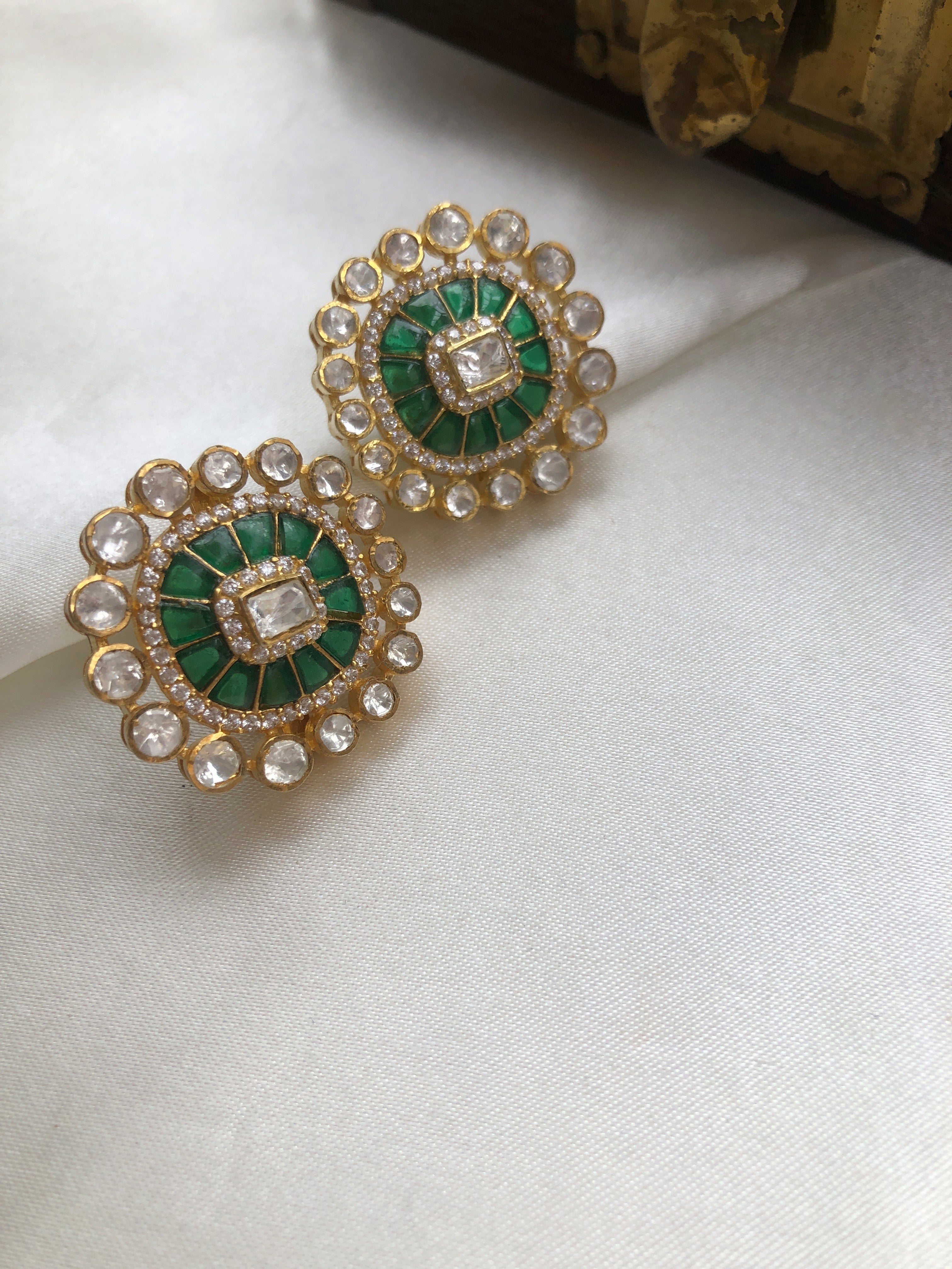 Kundan moissanite earrings with emerald-Earrings-PL-House of Taamara