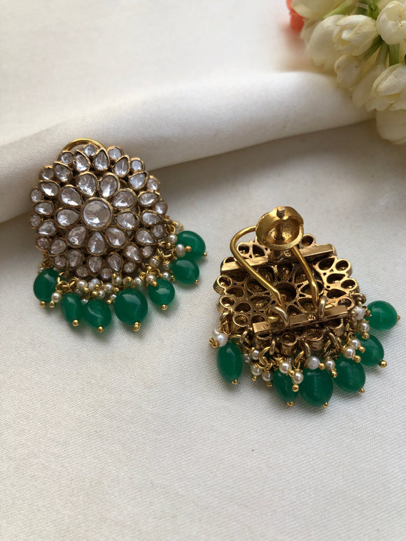 Kundan moissanite earrings with green beads-Earrings-PL-House of Taamara