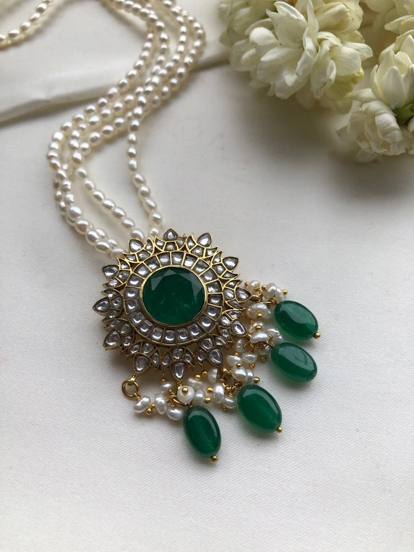 Kundan moissanite pendant with pearls-Silver Neckpiece-PL-House of Taamara