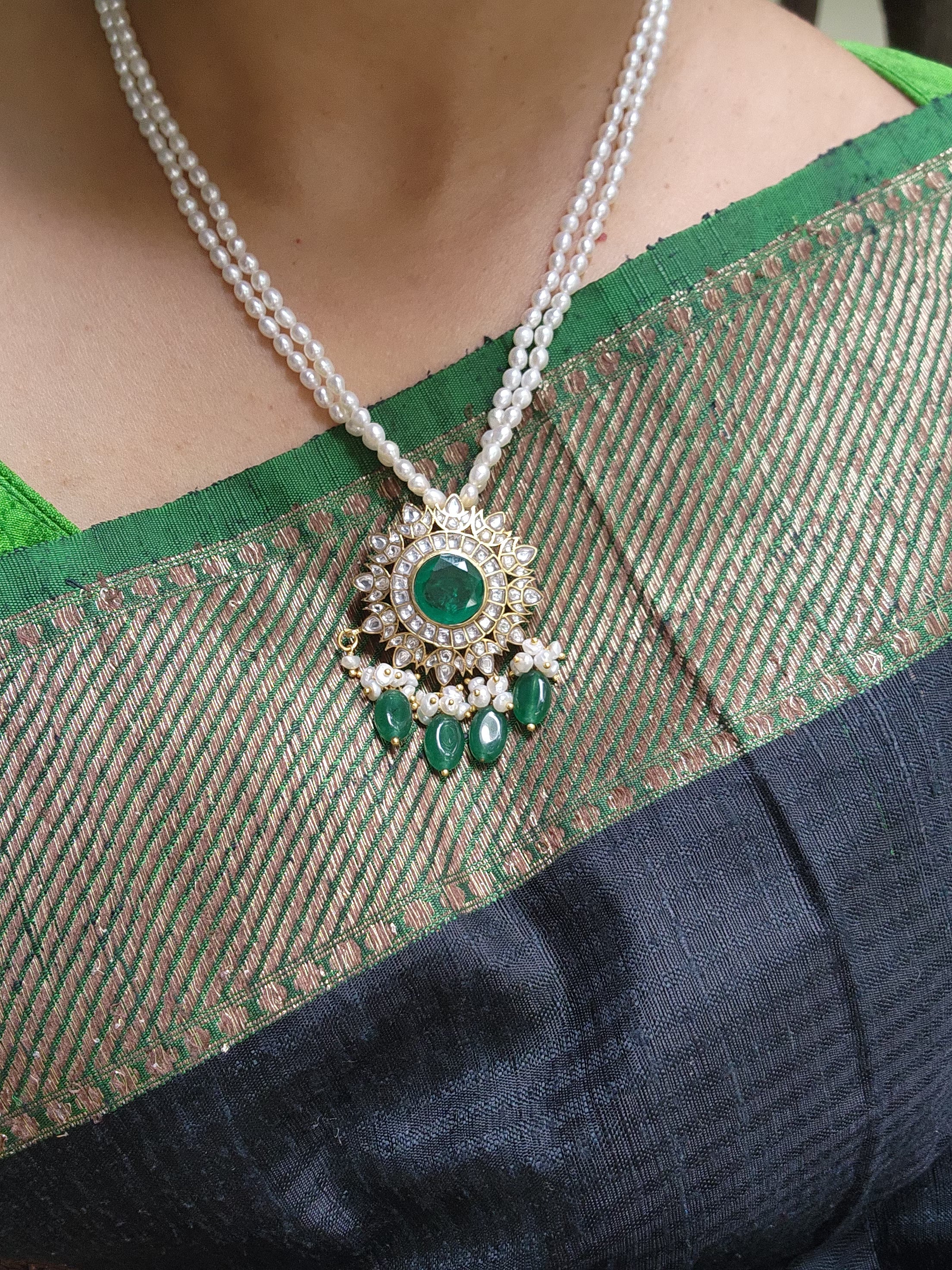 Kundan moissanite pendant with pearls-Silver Neckpiece-PL-House of Taamara
