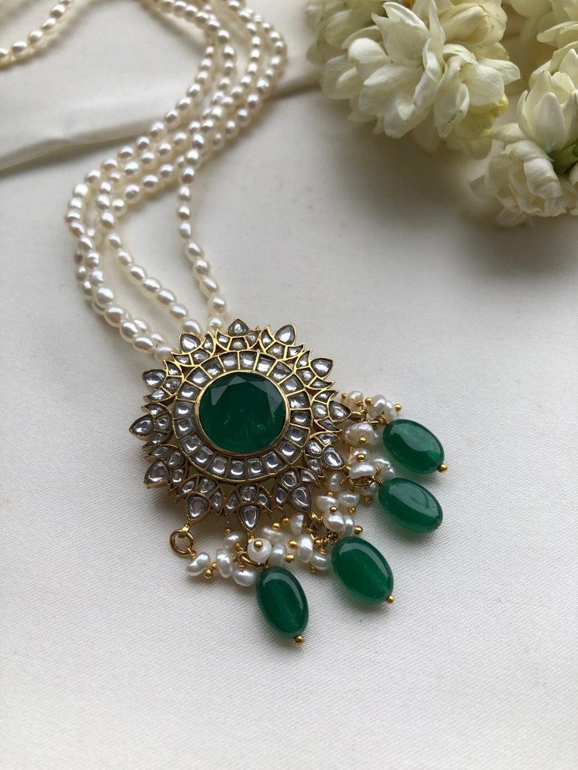 Kundan moissanite pendant with pearls-Silver Neckpiece-PL-House of Taamara