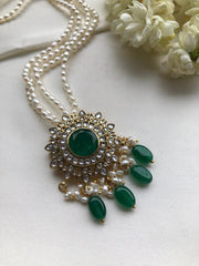 Kundan moissanite pendant with pearls-Silver Neckpiece-PL-House of Taamara
