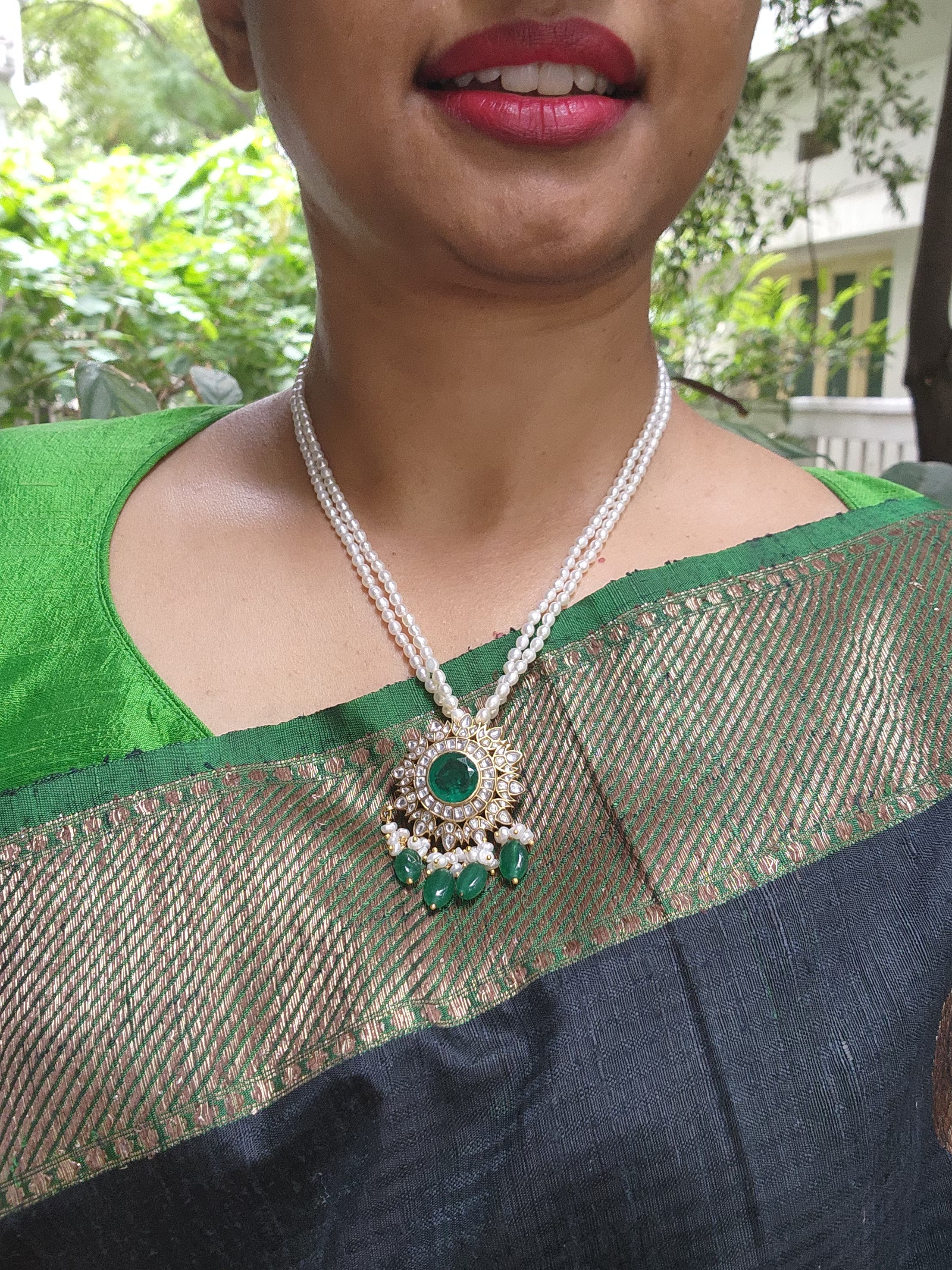 Kundan moissanite pendant with pearls-Silver Neckpiece-PL-House of Taamara