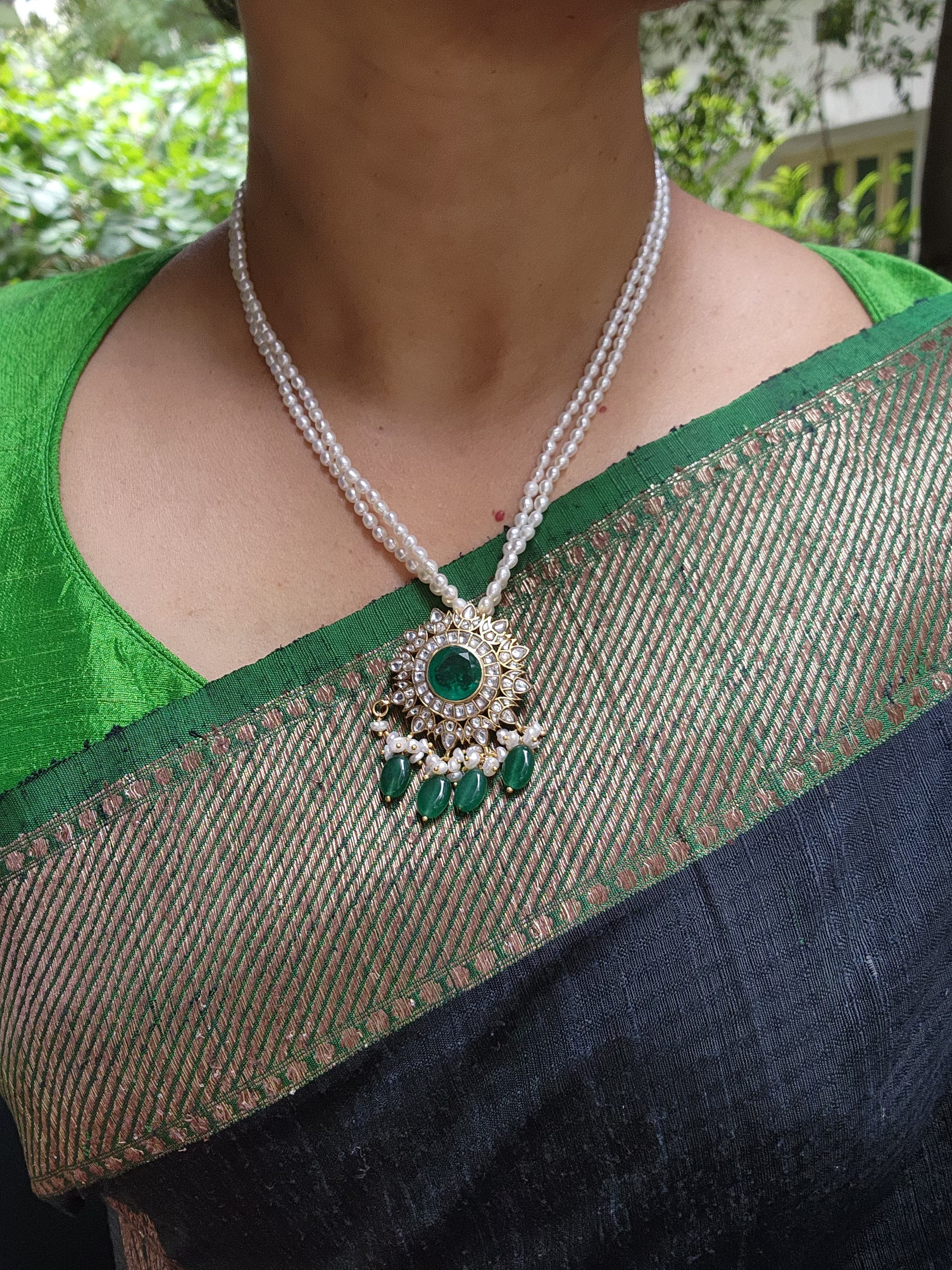 Kundan moissanite pendant with pearls-Silver Neckpiece-PL-House of Taamara