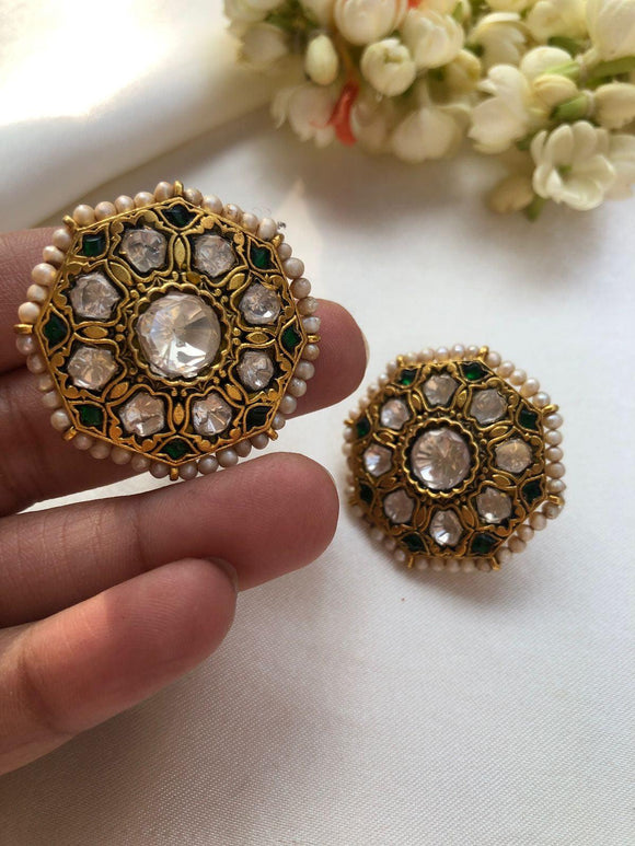 Kundan & moissanite round earrings with pearls around-Earrings-PL-House of Taamara
