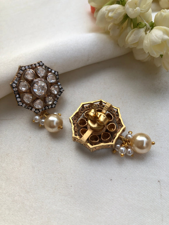 Kundan moissanite zircon with pearl drop earrings-Earrings-PL-House of Taamara