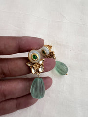 Kundan & mother of pearl studs with jade bead hangings-Earrings-CI-House of Taamara