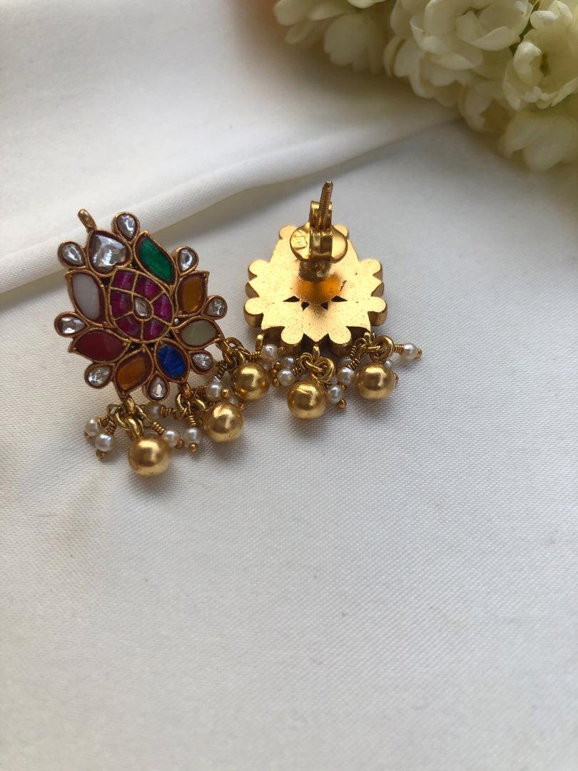 Kundan navratan lotus earrings-Earrings-PL-House of Taamara