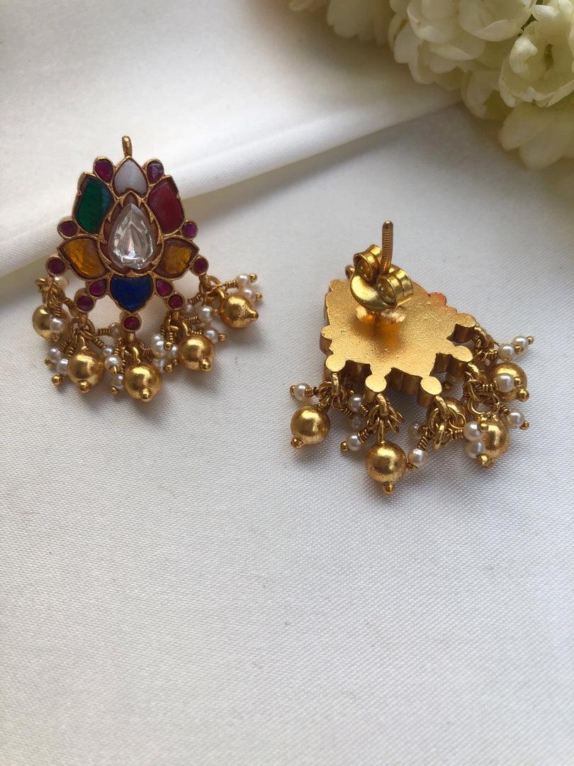 Kundan navratan lotus earrings-Earrings-PL-House of Taamara