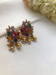 Kundan navratan lotus earrings-Earrings-PL-House of Taamara