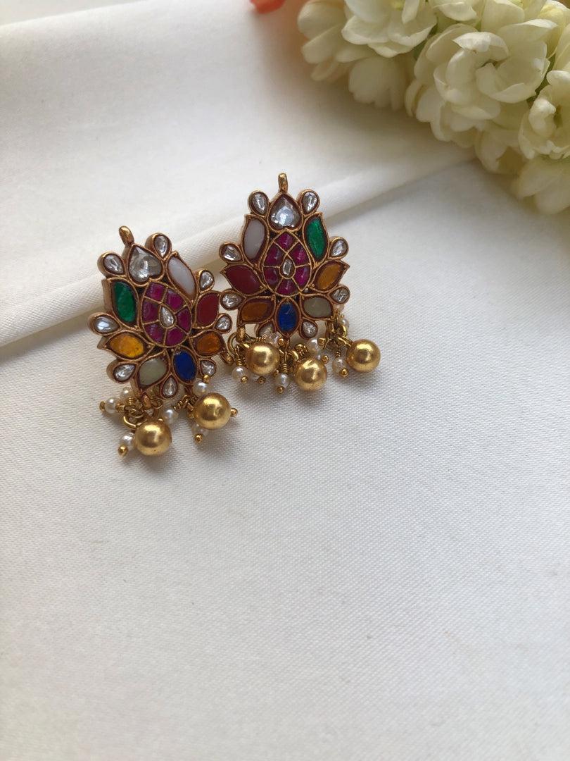 Kundan navratan lotus earrings-Earrings-PL-House of Taamara