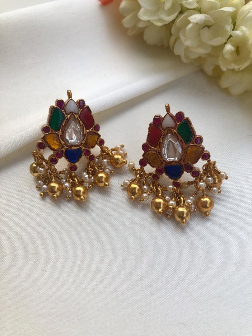 Kundan navratan lotus earrings-Earrings-PL-House of Taamara