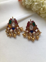 Kundan navratan lotus earrings-Earrings-PL-House of Taamara