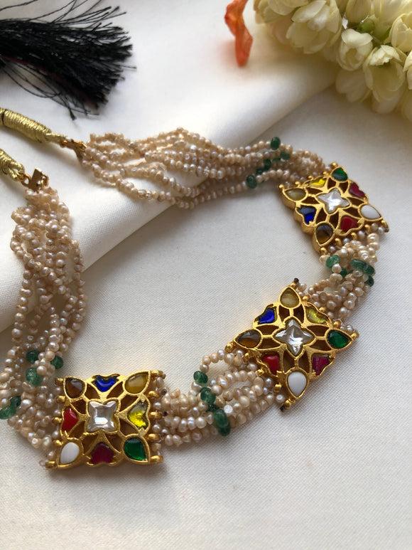 Kundan navratan pendant with antique style pearls & green beads-Silver Neckpiece-PL-House of Taamara