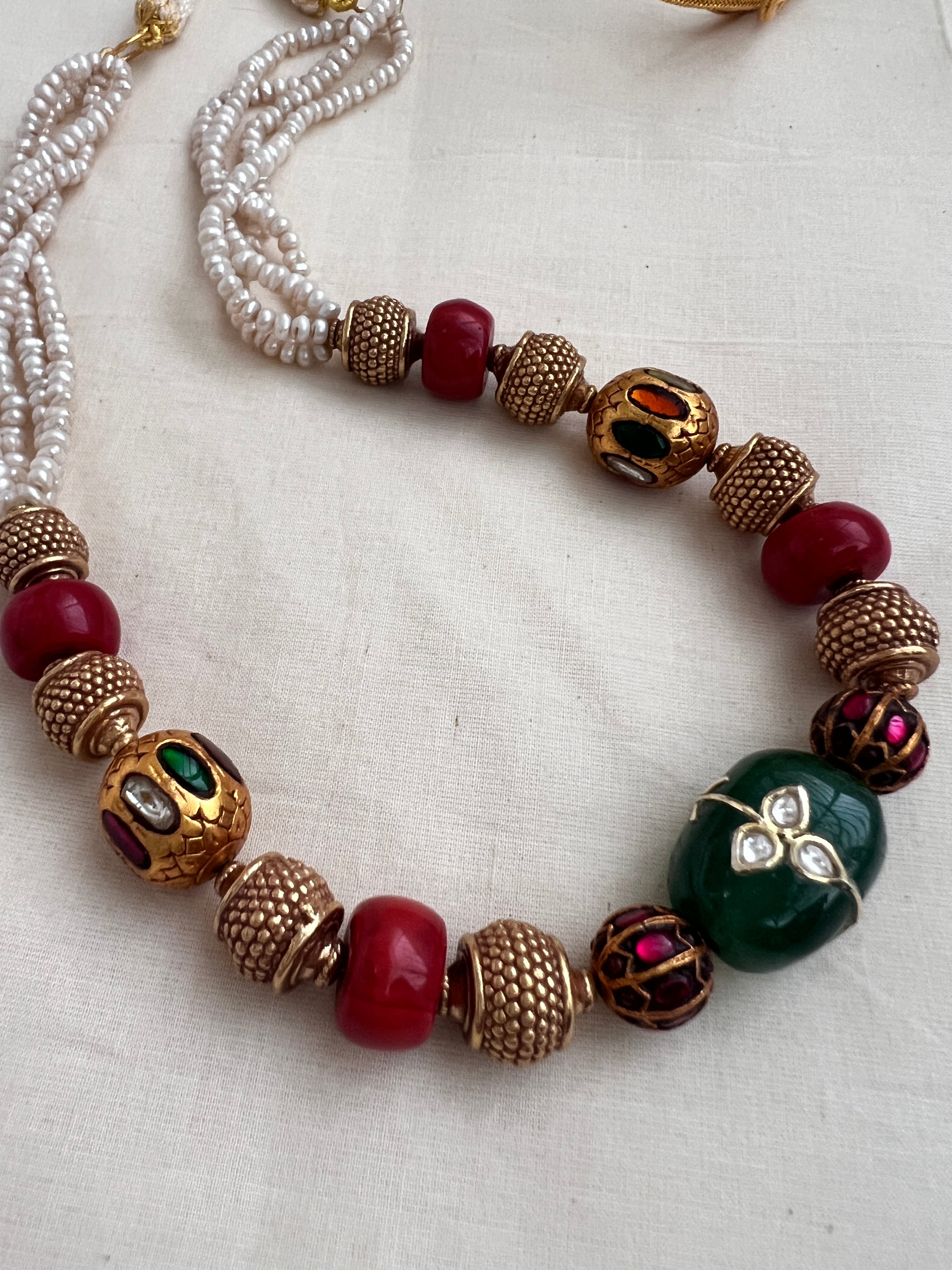 Kundan & navrathana ball chain with corals & green onyx kundan bead with inlay work-Silver Neckpiece-CI-House of Taamara