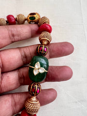 Kundan & navrathana ball chain with corals & green onyx kundan bead with inlay work-Silver Neckpiece-CI-House of Taamara