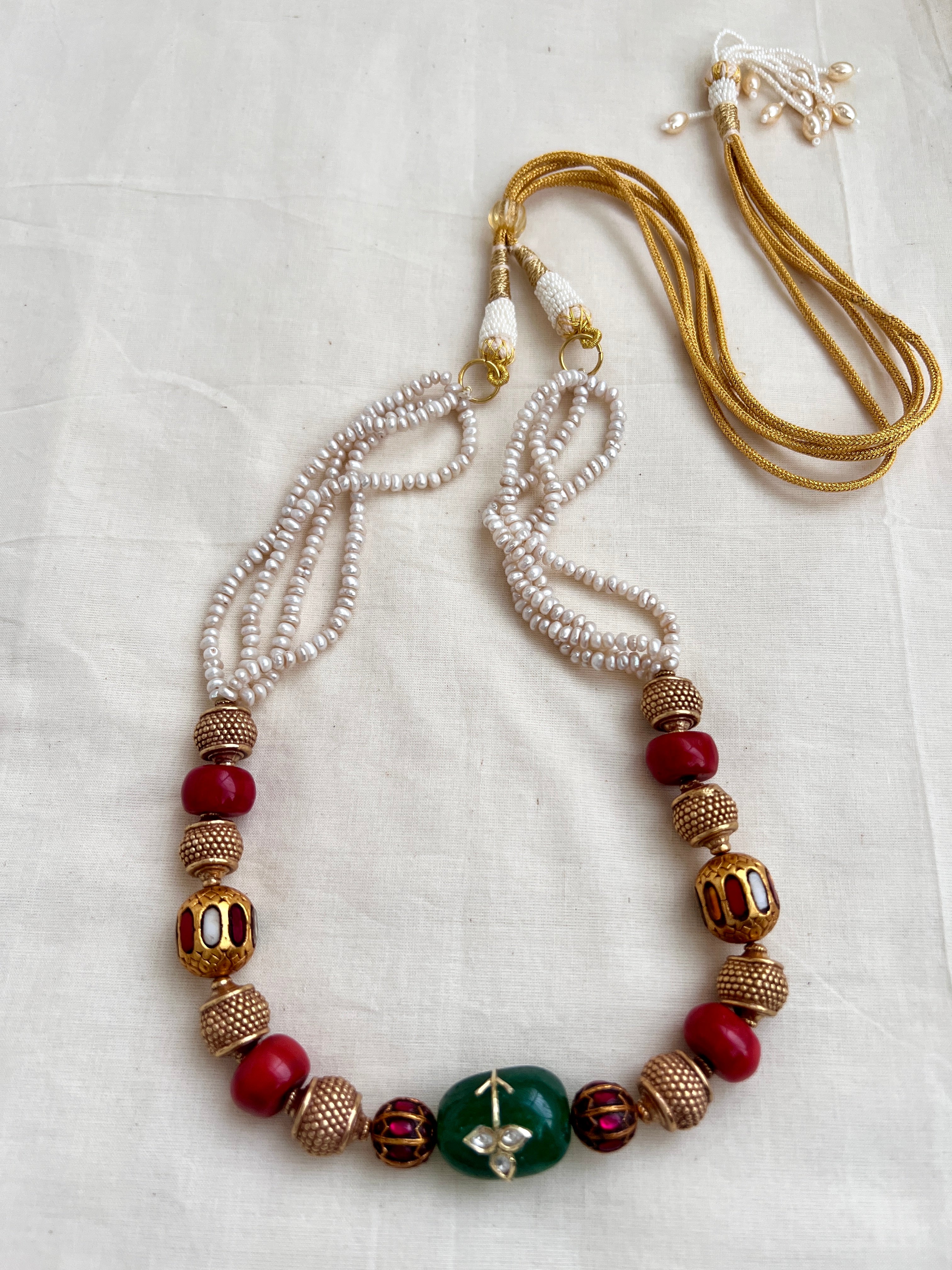 Kundan & navrathana ball chain with corals & green onyx kundan bead with inlay work-Silver Neckpiece-CI-House of Taamara