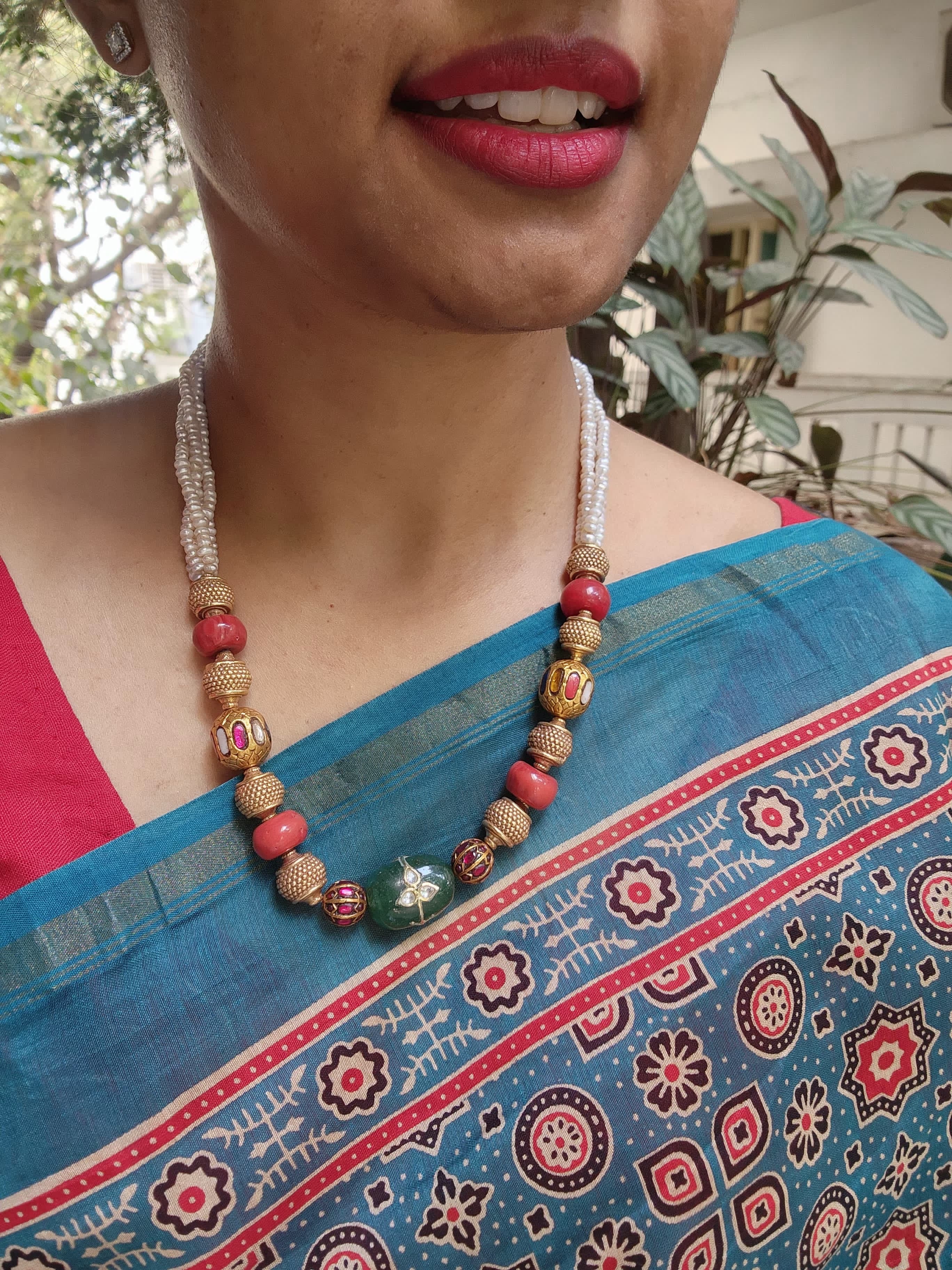 Kundan & navrathana ball chain with corals & green onyx kundan bead with inlay work-Silver Neckpiece-CI-House of Taamara