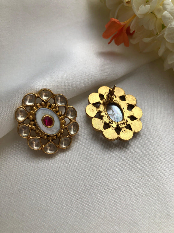 Kundan oval and pink stone earrings-Earrings-PL-House of Taamara