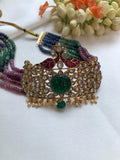 Kundan peacock choker with semi precious multicolour beads-Silver Neckpiece-PL-House of Taamara