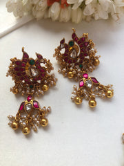 Kundan peacock earrings with inverted lotus & bunch pearls-Earrings-PL-House of Taamara