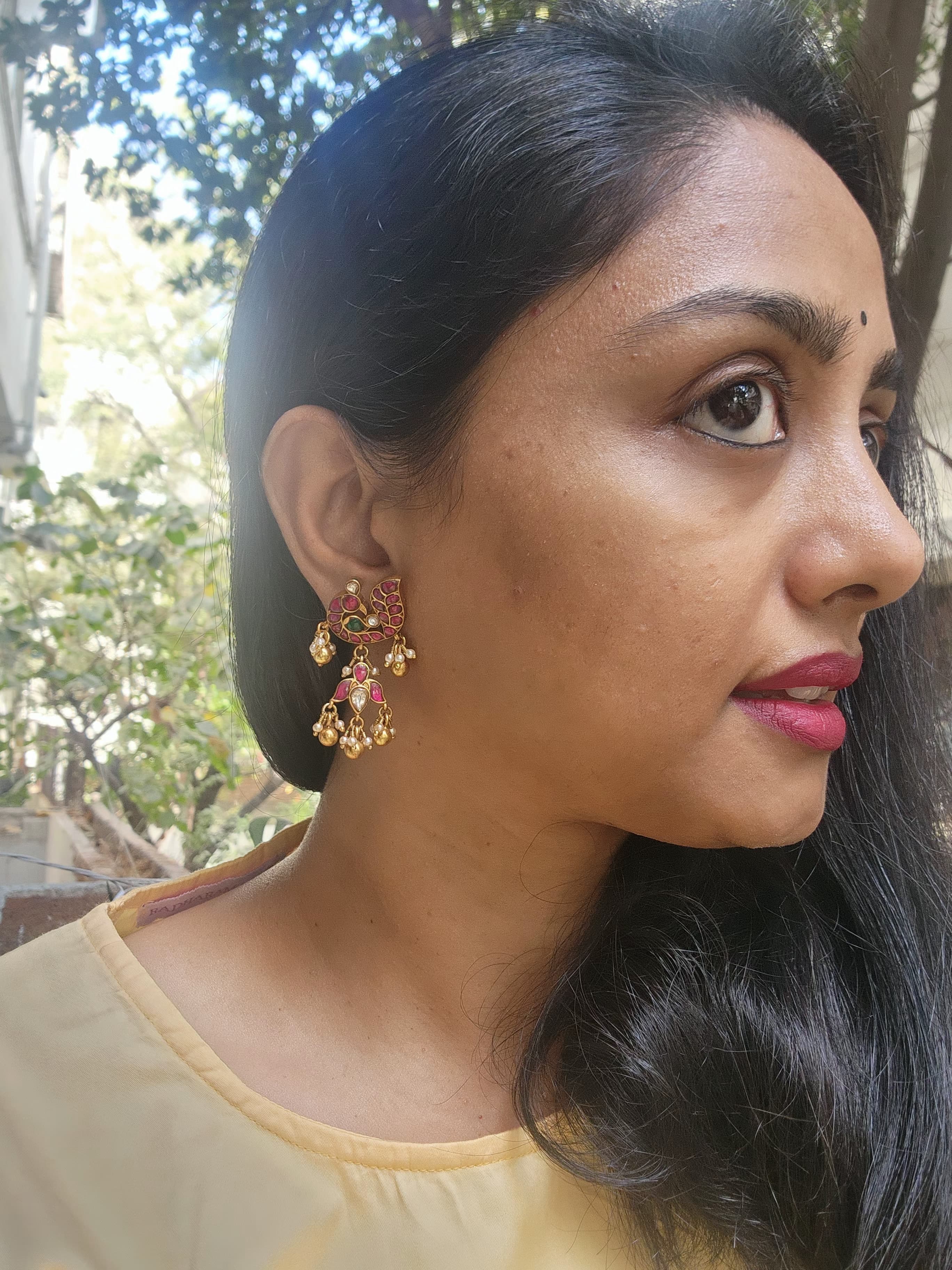 Kundan peacock earrings with inverted lotus & bunch pearls-Earrings-PL-House of Taamara