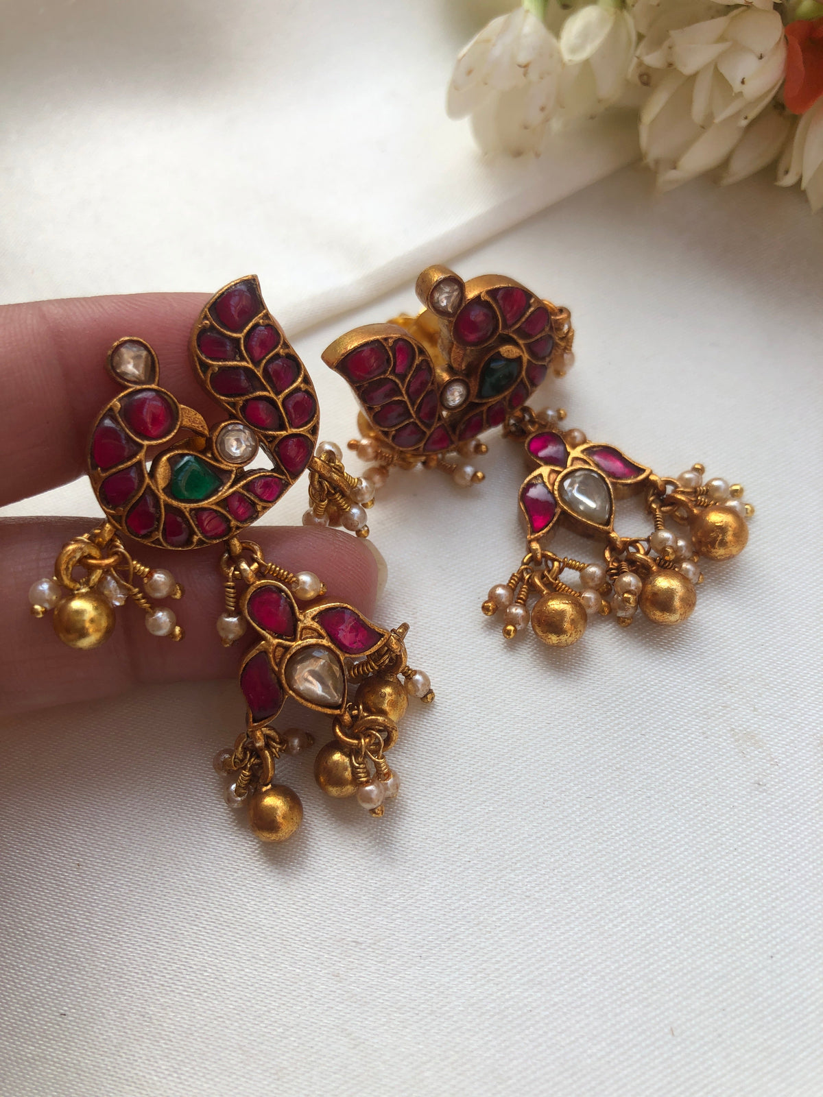 Kundan peacock earrings with inverted lotus & bunch pearls-Earrings-PL-House of Taamara