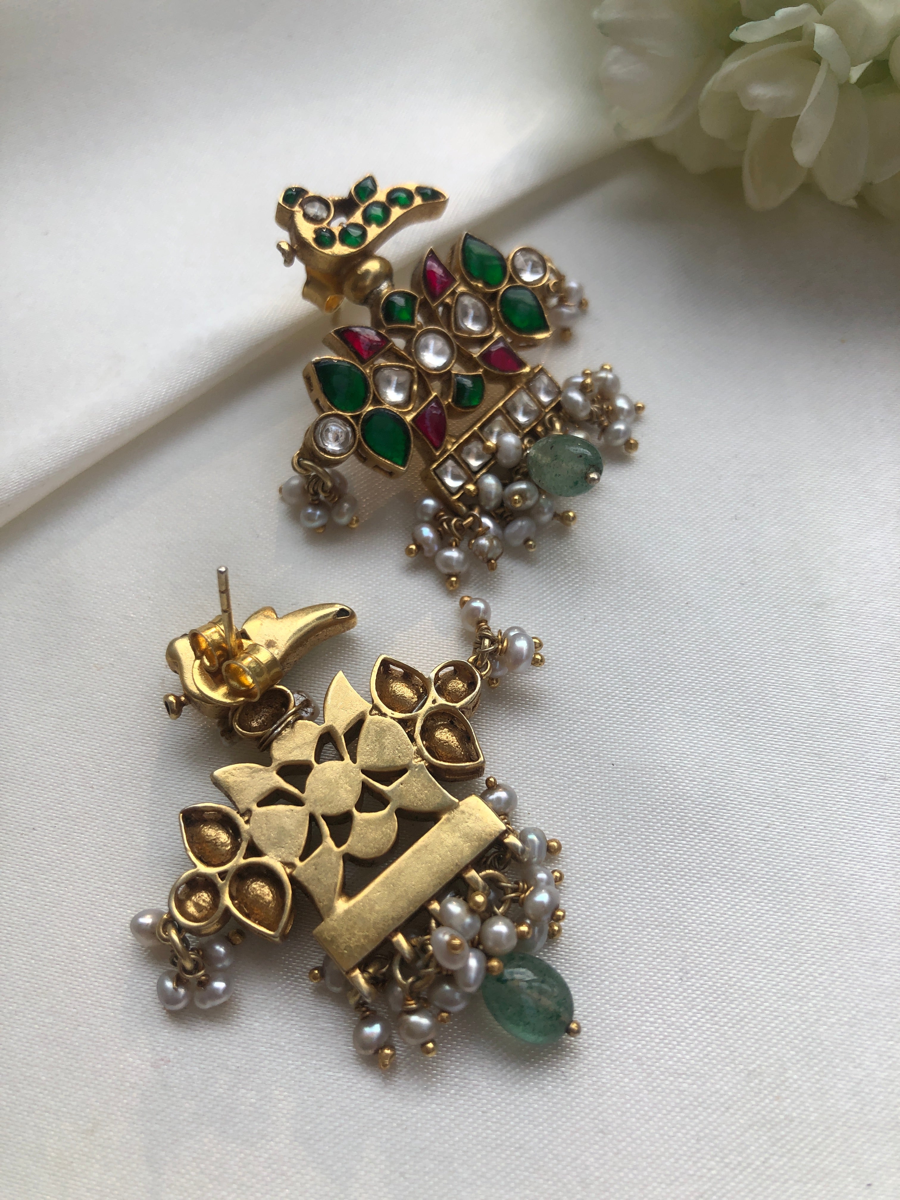 Kundan peacock earrings with pearls-Earrings-PL-House of Taamara