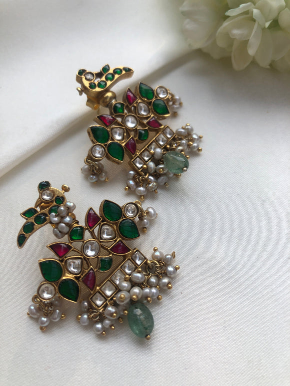 Kundan peacock earrings with pearls-Earrings-PL-House of Taamara